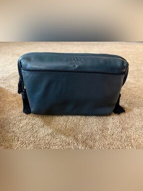 PRADA Navy Blue Lambskin Leather Men's/Unisex Toiletry Bag/Pouch - Quiet Luxury!